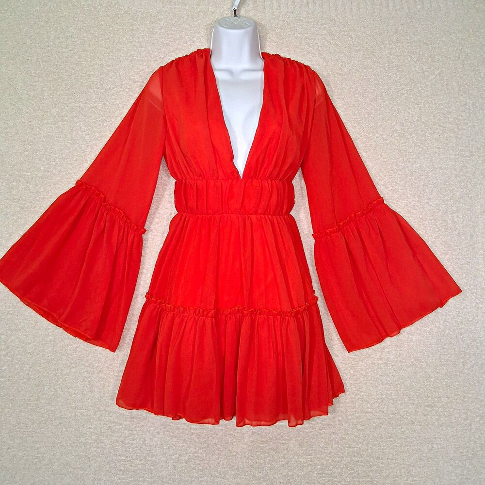 Missord Orange Bell Sleeve Ruffle Chiffon Women's Sz M Flowy Fairy Ren Festival